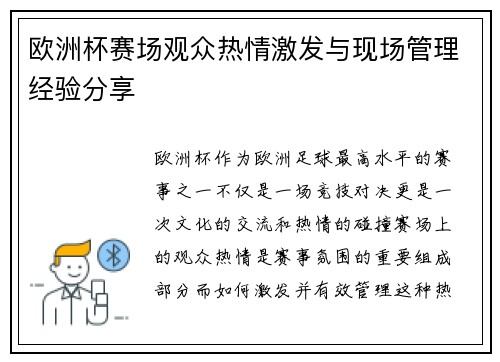 欧洲杯赛场观众热情激发与现场管理经验分享